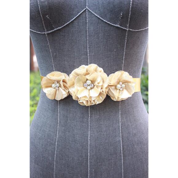 Bridesmaid And Flowergirls Sashes Wedding Sash Pearls Flowers Belts (gold) 95😽 - Picture 2 of 6